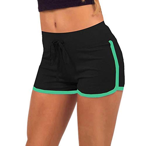 HSY Summer - Pantalones cortos de deporte para mujer, de algodón, con cordón, cintura elástica, pantalones cortos de entrenamiento, cintura ajustada Color negro y verde. S