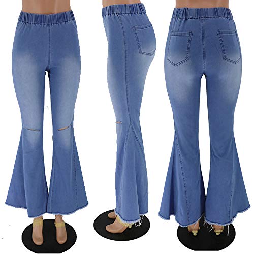 Huateng Pantalones Acampanados de Mezclilla para Mujer Alta Elasticidad Cintura Alta Pantalones de Mezclilla Banda de Goma Cintura elástica con Agujero en la Rodilla Jeans S-XXL