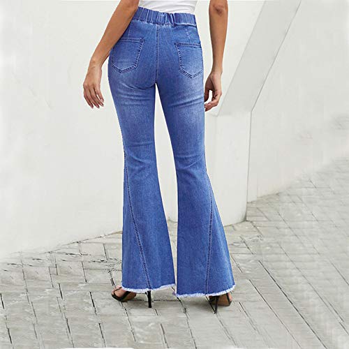 Huateng Pantalones Acampanados de Mezclilla para Mujer Alta Elasticidad Cintura Alta Pantalones de Mezclilla Banda de Goma Cintura elástica con Agujero en la Rodilla Jeans S-XXL