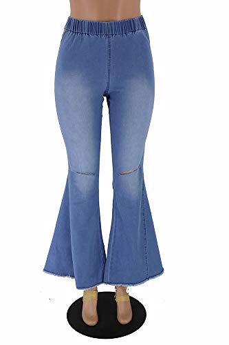 Huateng Pantalones Acampanados de Mezclilla para Mujer Alta Elasticidad Cintura Alta Pantalones de Mezclilla Banda de Goma Cintura elástica con Agujero en la Rodilla Jeans S-XXL