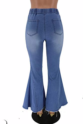 Huateng Pantalones Acampanados de Mezclilla para Mujer Alta Elasticidad Cintura Alta Pantalones de Mezclilla Banda de Goma Cintura elástica con Agujero en la Rodilla Jeans S-XXL