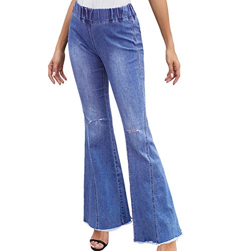 Huateng Pantalones Acampanados de Mezclilla para Mujer Alta Elasticidad Cintura Alta Pantalones de Mezclilla Banda de Goma Cintura elástica con Agujero en la Rodilla Jeans S-XXL