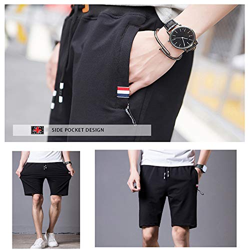 HUATING Pantalones Cortos Deportivos para Hombre, Pantalones de Hombre con Cordón y Cremallera para Los Bolsillos (Black, L)