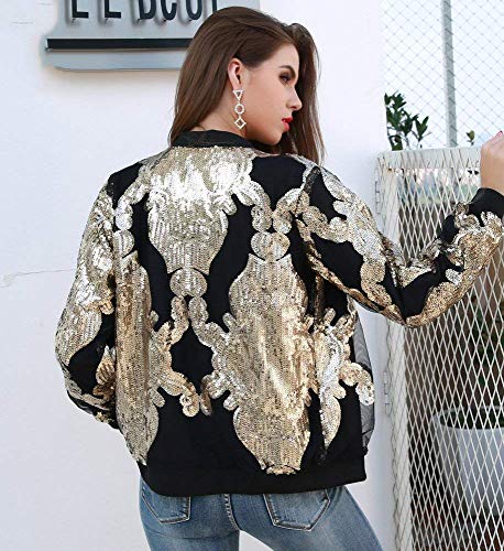 HX fashion Mujer Chaquetas Bomber Primavera Otoño Vintage Moda Joven Biker Jacket Cremallera Floreadas Basic Abrigos Outdoor College Outwear Chaqueta Ropa (Color : Oro, Size : M)