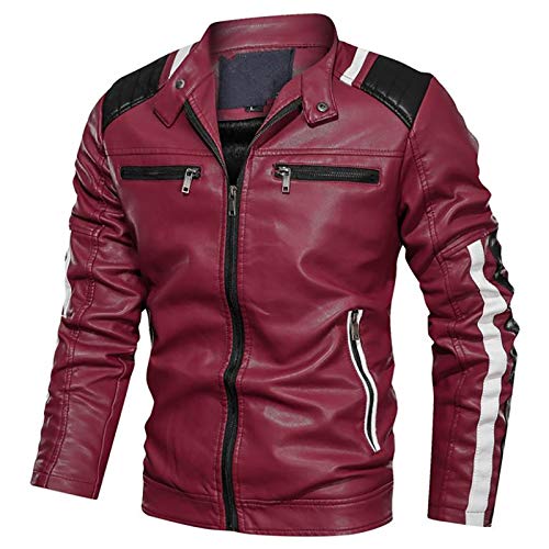 HYISHION Hombre Béisbol Chaqueta De Imitacion Cuero Otoño Invierno Casual Vintage Bordado Bomber Aviador Baseball Jacket Polipiel Casaca Piel Sintetica Chamarra Cazadora,Rojo,L