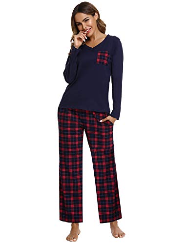 iClosam Pijama Cuadros Mujer Invierno Algodon Mangas Largas Camiseta y Pantalones Conjunto Ropa de Dormir Casa Casual Suave y Comodo Talla Grande S-XXL