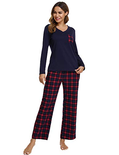 iClosam Pijama Cuadros Mujer Invierno Algodon Mangas Largas Camiseta y Pantalones Conjunto Ropa de Dormir Casa Casual Suave y Comodo Talla Grande S-XXL
