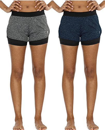 icyzone 2 en 1 Pantalón Corto para Mujer para Correr, Pack de 2 (M, Carboncillo/Azul Real)