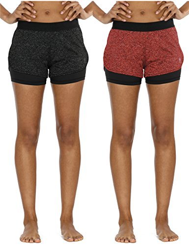 icyzone 2 en 1 Pantalón Corto para Mujer para Correr, Pack de 2 (M, Negro/Rojo)