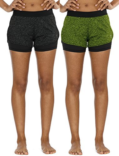 icyzone 2 en 1 Pantalón Corto para Mujer para Correr, Pack de 2 (S, Negro/Verde)