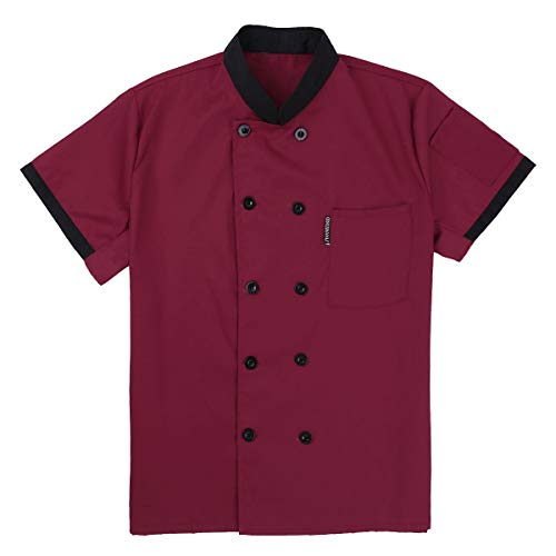 IEFIEL Camisa de Cocinero Camiseta Manga Corta Cuello Mandarín Unisexo para Hombre Mujer Chaqueta Chef con Botónes Uniforme de Cocina Hotel Restaurante Rojo Vino XX-Large