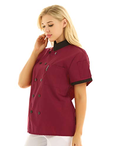 IEFIEL Camisa de Cocinero Camiseta Manga Corta Cuello Mandarín Unisexo para Hombre Mujer Chaqueta Chef con Botónes Uniforme de Cocina Hotel Restaurante Rojo Vino XX-Large