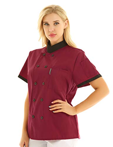IEFIEL Camisa de Cocinero Camiseta Manga Corta Cuello Mandarín Unisexo para Hombre Mujer Chaqueta Chef con Botónes Uniforme de Cocina Hotel Restaurante Rojo Vino XX-Large