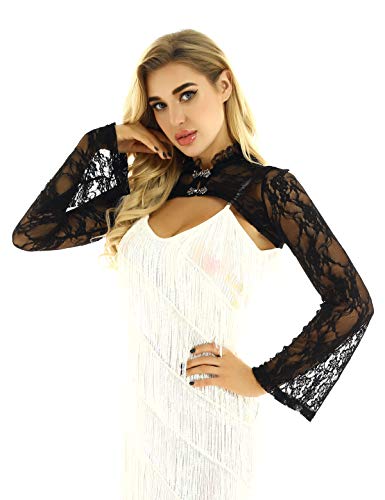 IEFIEL Chaqueta de Boda Fiesta para Mujer Manga Larga Bolero Encaje Floral Cardigan Corta Torera Cuello Alto Shrug Negro Large