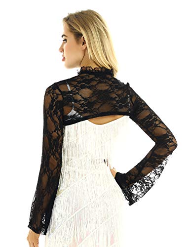 IEFIEL Chaqueta de Boda Fiesta para Mujer Manga Larga Bolero Encaje Floral Cardigan Corta Torera Cuello Alto Shrug Negro Large