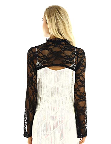 IEFIEL Chaqueta de Boda Fiesta para Mujer Manga Larga Bolero Encaje Floral Cardigan Corta Torera Cuello Alto Shrug Negro Large