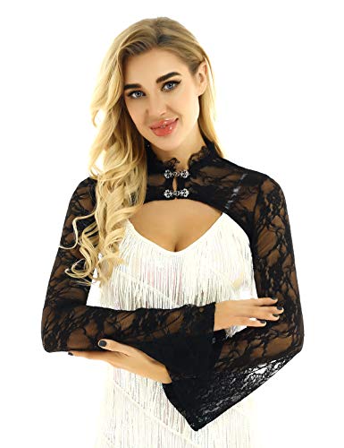 IEFIEL Chaqueta de Boda Fiesta para Mujer Manga Larga Bolero Encaje Floral Cardigan Corta Torera Cuello Alto Shrug Negro Large