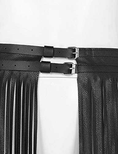 IEFIEL Falda con Flecos Borla de Cuero PU para Mujer Falda Larga Fiesta Punk Cinturón Ajustable con Hebillas Ropa de Danza Baile Noche Club Negro A One Size