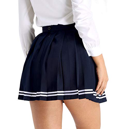 IEFIEL Falda Plisada Basica Mujer Mini Falda Vuelo Escolar Falda Casual Corta Colegiala Japonesa Falda Escocesa Cintura Alta Elástica para Chicas Disfraz Animadora Azul Rayas M