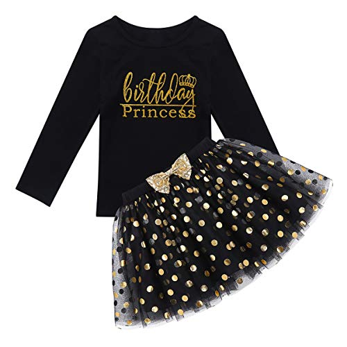 IEFIEL Ropa Conjuntos de Camiseta Manga Larga+Falda Tutú Lunares para Niñas Vestido Princesa de Cumpleaños con Bowknot Lentejuelas Vestido de Fiesta Navidad Carnaval Negro A 6 años