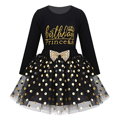 IEFIEL Ropa Conjuntos de Camiseta Manga Larga+Falda Tutú Lunares para Niñas Vestido Princesa de Cumpleaños con Bowknot Lentejuelas Vestido de Fiesta Navidad Carnaval Negro A 6 años