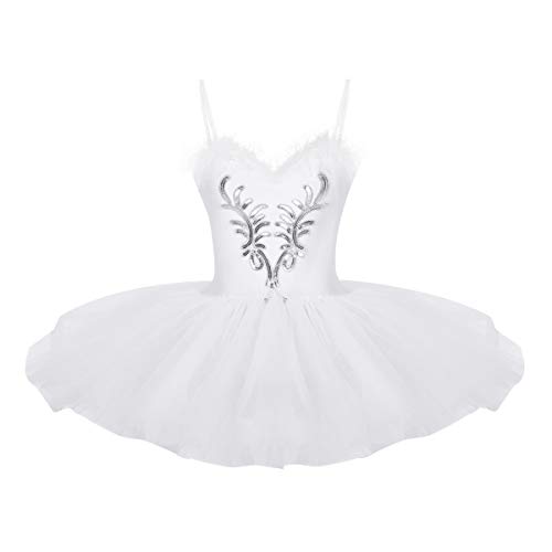 IEFIEL Vestido de Danza Ballet Mujer Maillot Tutú Princesa de Gimnasia Ritmica Disfraz Cisne de Bailar Vestido de Tirantes para Competiciones Blanco S