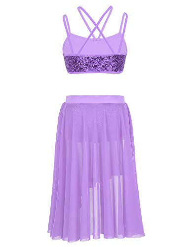 IEFIEL Vestido de Danza Ballet para Niña Vestido Danza Latina de Dos Piezas Top Lentejuelas+Falda Larga Ropa Baile Niña Lavanda 10-12 años