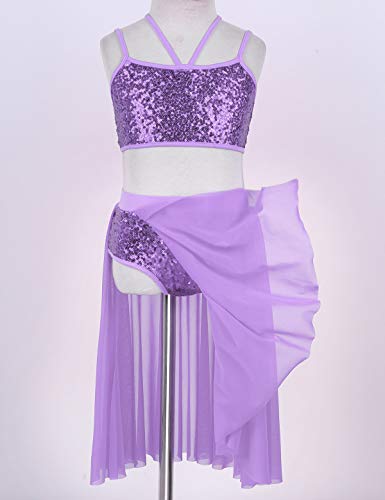 IEFIEL Vestido de Danza Ballet para Niña Vestido Danza Latina de Dos Piezas Top Lentejuelas+Falda Larga Ropa Baile Niña Lavanda 10-12 años