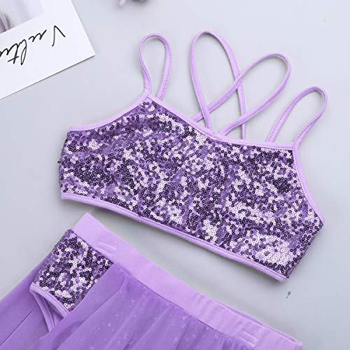 IEFIEL Vestido de Danza Ballet para Niña Vestido Danza Latina de Dos Piezas Top Lentejuelas+Falda Larga Ropa Baile Niña Lavanda 10-12 años