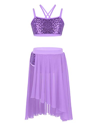IEFIEL Vestido de Danza Ballet para Niña Vestido Danza Latina de Dos Piezas Top Lentejuelas+Falda Larga Ropa Baile Niña Lavanda 10-12 años