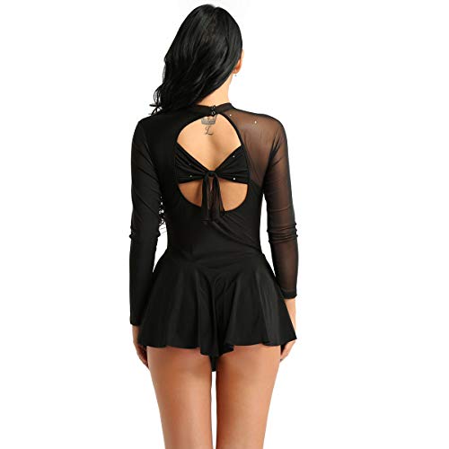 IEFIEL Vestido Patinaje sobre Hielo para Mujer Maillot de Danza Ballet Manga Larga Maillot con Falda Maillot de Gimnasia Ritmica Adulto S-XL Negro S