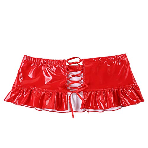 iiniim Falda de Cuero Hombre Metálica Wet Look Líquido Mirada Mojada con Volantes Gay Sissy Skirt Hot Sexy Clubwear Charol Patent Leather Rojo XXL