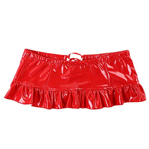 iiniim Falda de Cuero Hombre Metálica Wet Look Líquido Mirada Mojada con Volantes Gay Sissy Skirt Hot Sexy Clubwear Charol Patent Leather Rojo XXL