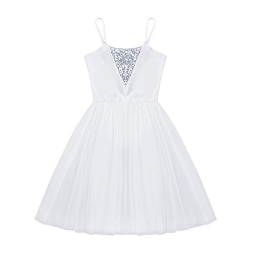 iiniim Maillot Leotardo Vestido de Danza Ballet Elástico Niña Tutú Princesa Lentejuelas Brillante Dancewear Infantil con Falda sin Mangas para Niñas Infantil 3-14 Años Blanco 5-6 años