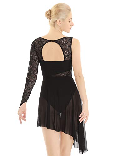 iixpin Vestido de Danza Lírica Moderna Maillot de Patinaje Artística Traje Bailarina Vestido de Encaje Floral Falda Asimétrica de Tul con Bragas Negro X-Small