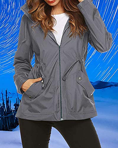 Imily Bela Chaqueta de lluvia para mujer, resistente al agua, con capucha, ligera, chaqueta de verano, chubasquero, cortavientos, parka al aire libre gris S