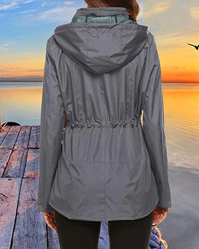 Imily Bela Chaqueta de lluvia para mujer, resistente al agua, con capucha, ligera, chaqueta de verano, chubasquero, cortavientos, parka al aire libre gris S