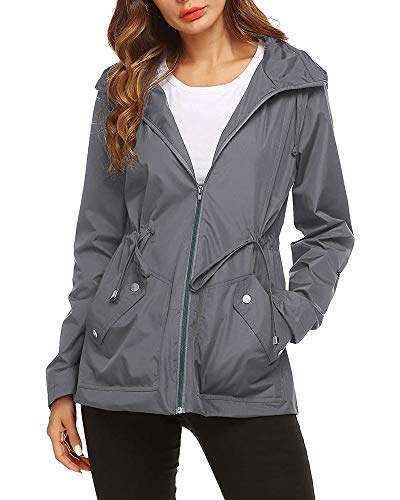 Imily Bela Chaqueta de lluvia para mujer, resistente al agua, con capucha, ligera, chaqueta de verano, chubasquero, cortavientos, parka al aire libre gris S