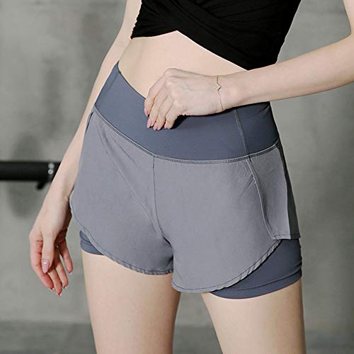 iMixCity Pantalones Cortos de Gimnasia para Mujer 2 en 1 Doble Capa Banda de Cintura elástica Running Yoga Short con Bolsillo (Gris, X-Large)