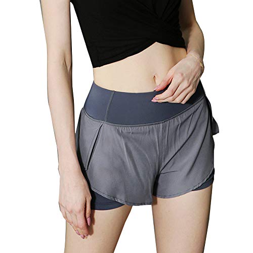 iMixCity Pantalones Cortos de Gimnasia para Mujer 2 en 1 Doble Capa Banda de Cintura elástica Running Yoga Short con Bolsillo (Gris, X-Large)