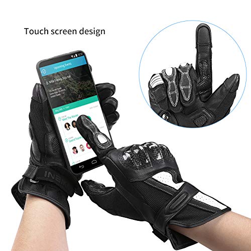 INBIKE Guantes Moto Piel Cuero De Pantalla Táctil Hombre Mujer con Protecciones De Carbono, Excelente Transpirabilidad Gran Resistencia A La Abrasión Y A Los Impactos(IM19810-Blanco M)