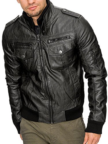 Indicode Caballero Pawel Chaqueta de imitación Cuero con Cuello alzado | Piel Sintética Chaqueta Cómodo para Motero Entretiempo Men Faux Jacket Cool Hombres Negro L