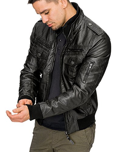 Indicode Caballero Pawel Chaqueta de imitación Cuero con Cuello alzado | Piel Sintética Chaqueta Cómodo para Motero Entretiempo Men Faux Jacket Cool Hombres Negro L