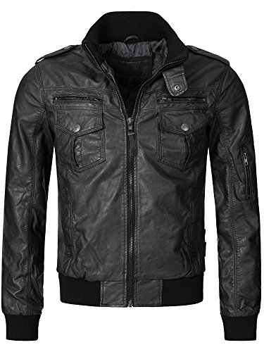 Indicode Caballero Pawel Chaqueta de imitación Cuero con Cuello alzado | Piel Sintética Chaqueta Cómodo para Motero Entretiempo Men Faux Jacket Cool Hombres Negro L