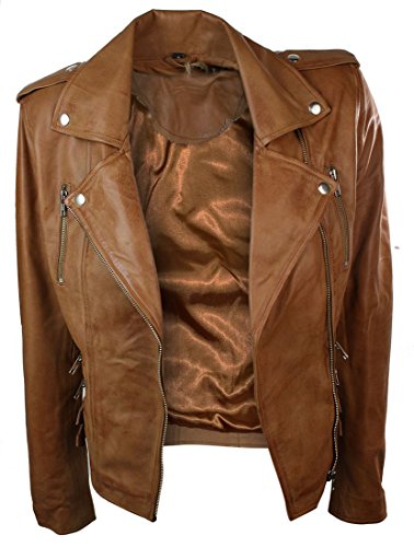 Infinity 7113 Chaqueta Ajustada de Cuero para Mujer Retro Estilo Biker - Marron, X-Small