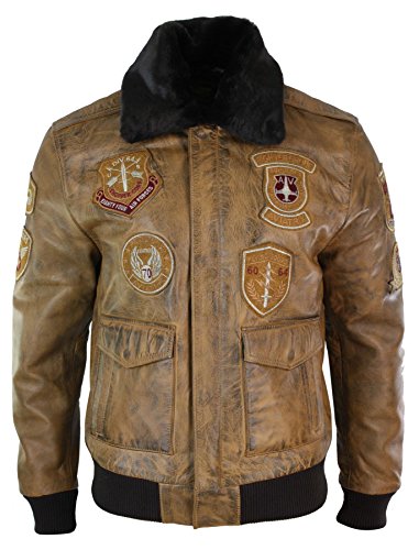 Infinity Chaqueta Aviador para Hombre Tipo Bomber Vintage Cuello de Piel en Negro Extraible - Marron, XXXXX-Large