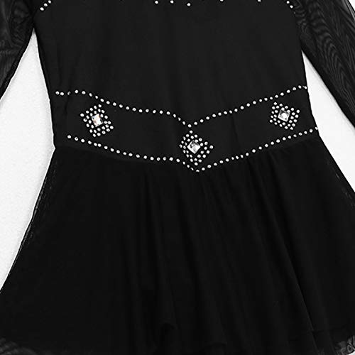 inhzoy Vestido de Danza Ballet Lentejuelas para Mujer Manga Larga Maillot de Patinaje Artístico con Falda Malla Leotardo de Gimnasia Rítmica Traje Bailarina Negro S
