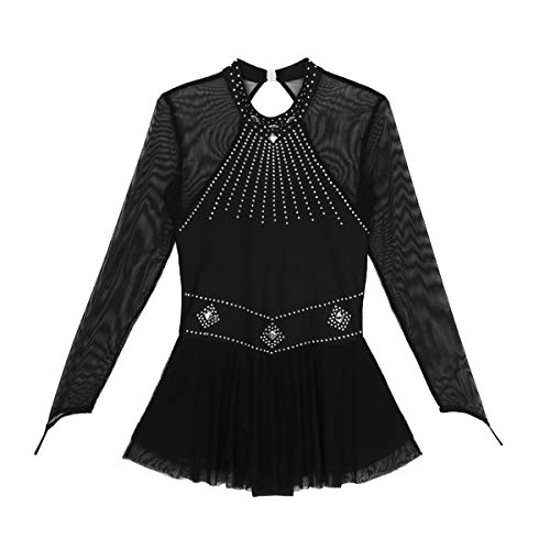 inhzoy Vestido de Danza Ballet Lentejuelas para Mujer Manga Larga Maillot de Patinaje Artístico con Falda Malla Leotardo de Gimnasia Rítmica Traje Bailarina Negro S