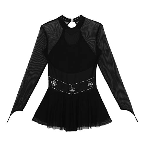 inhzoy Vestido de Danza Ballet Lentejuelas para Mujer Manga Larga Maillot de Patinaje Artístico con Falda Malla Leotardo de Gimnasia Rítmica Traje Bailarina Negro S