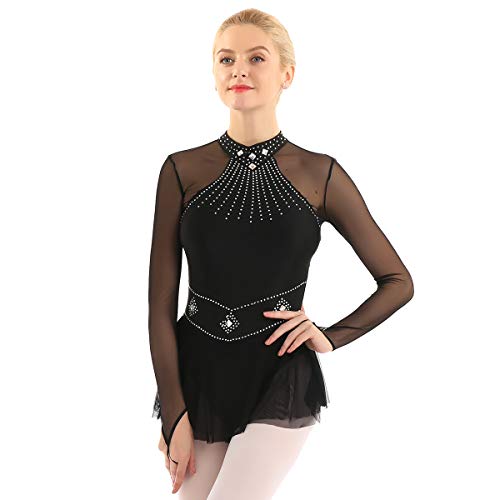 inhzoy Vestido de Danza Ballet Lentejuelas para Mujer Manga Larga Maillot de Patinaje Artístico con Falda Malla Leotardo de Gimnasia Rítmica Traje Bailarina Negro S